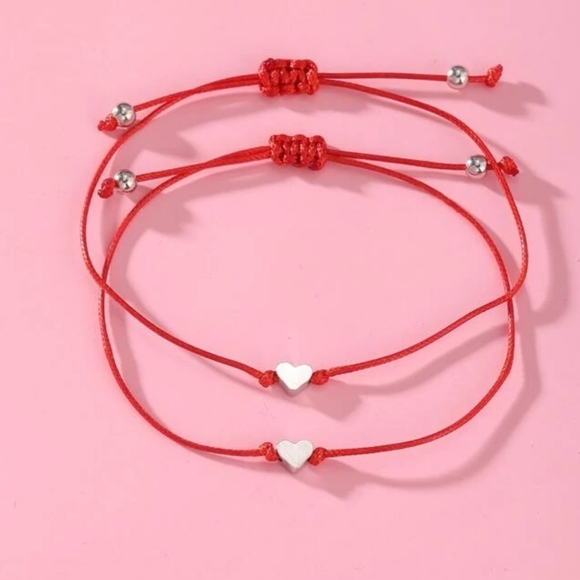 2 PIECE RED STRING PINKY PROMISE HEART BRACELET SET WITH CARD Friends Lovers - Picture 1 of 2